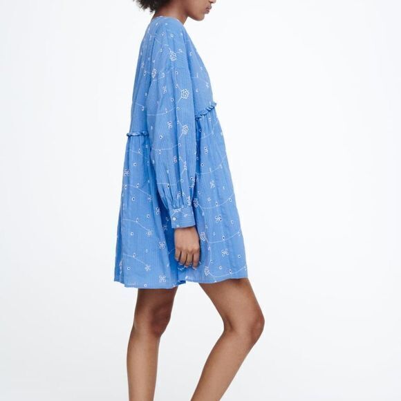 NEW ZARA SHORT EMBROIDERED DRESS BLUE V NECK LONG SLEEVES A LINE WOMENS SIZE M - Picture 2 of 8